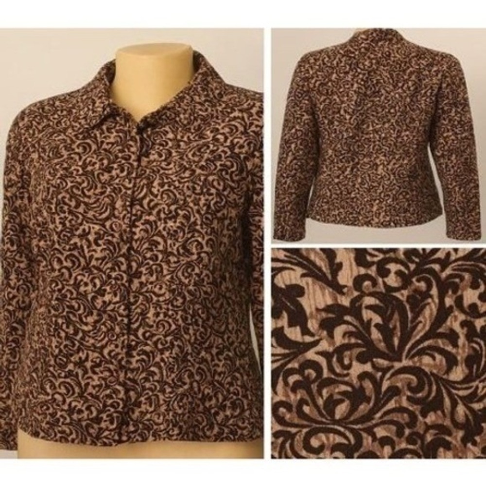 CJ‎ Banks Lightweight Corduroy Jacket Women 1X Brown Beige Scroll Print Office